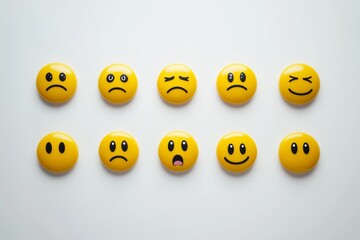 Obraz premium Set of Yellow Angry Unhappy Smiley Faces Emoji Emoticons Generative Illustration on Blank White