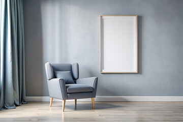 Mockup with empty frame to advertise your painting or poster in a modern minimalist apartment interior in gray blue tones