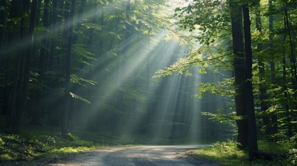 Obraz premium Sunlight Streams Through Trees Along a Forest Path in Morning Light