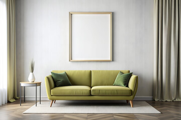 Mockup with empty frame to advertise your painting or poster in modern minimalist apartment interior in green pastel colors