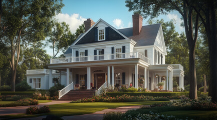 Obraz premium Split-Level Farmhouse with a Bonnet Roof in Wood Finish Capturing Rustic Charm