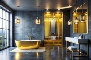Black glossy bathroom interior with gold bathtub and gold furniture
