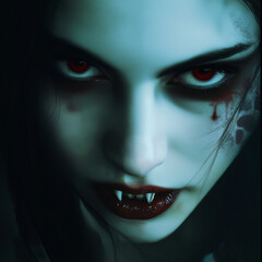 vampire woman with blood-red eyes and fangs