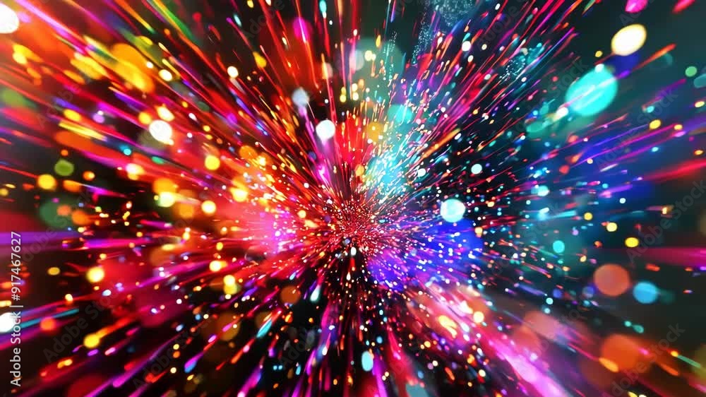 Poster The   features a vibrant explosion of colorful light particles, creating an abstract and dynamic visual effect.