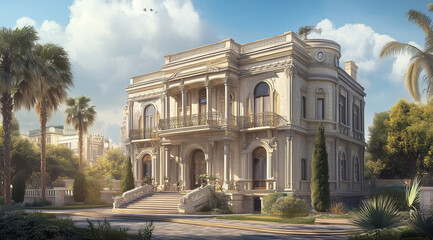 Obraz premium Architectural Beauty of a Three-Story Building with Mansard Stone Roof