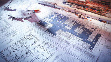 Architectural Blueprint Featuring Detailed Floor Plans with Engineering Tools and Drafting Equipment on Workspace
