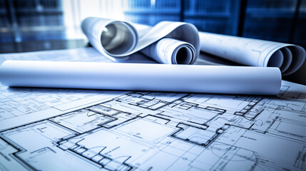 Architectural Blueprint Rolls on Technical Drawing Desk with Depth of Field Effect in Cool Tones