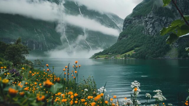 Breathtaking view of Trolltunga Lake with waterfall, surrounded by grassy meadows and hiking trail.