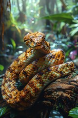 Snake coiled on a log in a lush jungle, sunlight filtering through the foliage, highlighting its scales