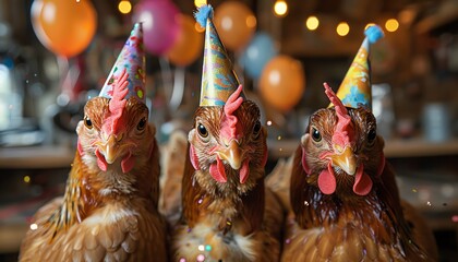 Three chickens in party hats, celebrating with balloons and confetti, festive lights behind
