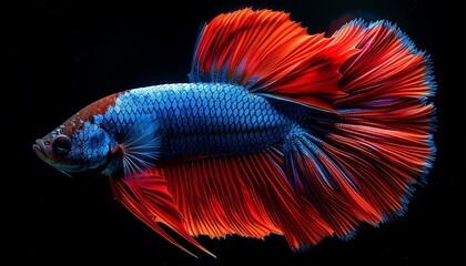 Fototapeta premium Vibrant red and blue Betta fish with flowing fins, gracefully swimming against a black background