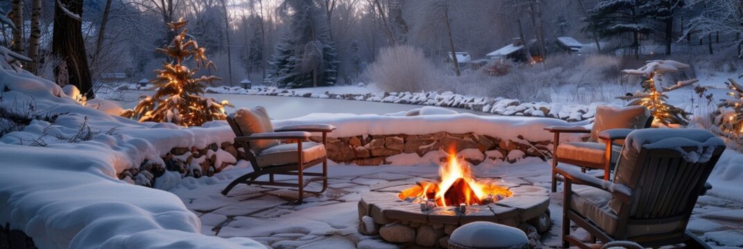 Outdoor winter fire pit with beautiful flames