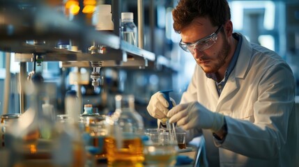 Skilled lab technician conducting experiments in laboratory, critical role of lab work in scientific research, emphasizing attention to detail and thoroughness in experimental procedures.