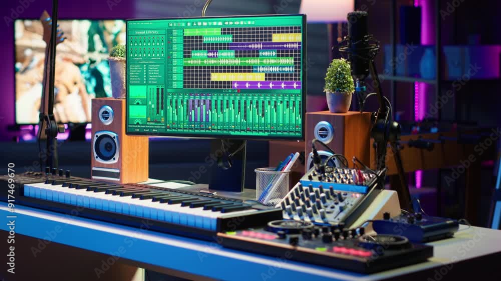 Aufkleber empty home studio desk with daw software and mixing console used for mixing and mastering tracks, po