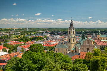 Fototapeta premium Aerial view of Przemysl old town with Cathedral and bridges across San river, Poland