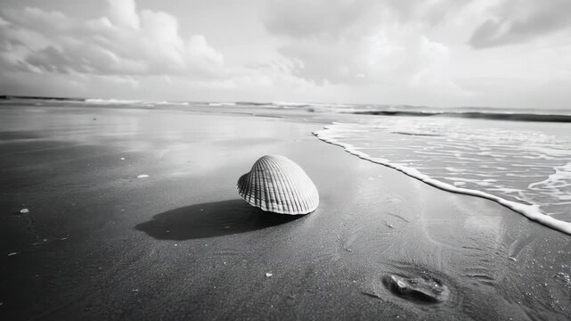 A solitary seashell left on the wet beach at sunset, with a serene and calming ocean view.