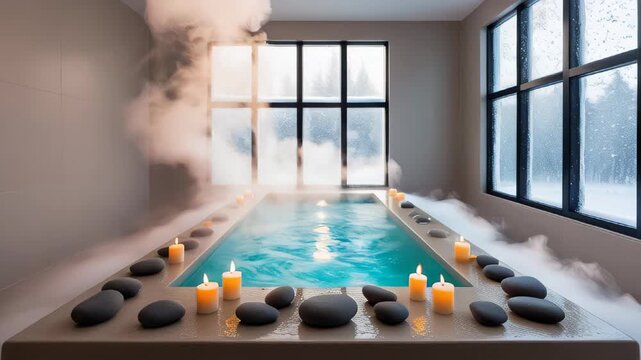 A cozy indoor spa with a steaming hot tub, lit candles and white folded towels. The large panoramic window offers a serene view of a snowy winter landscape