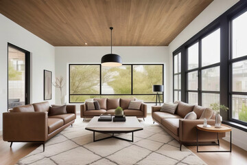 Fototapeta premium Diseño interior de hogar moderno de living con detalles en ladrillo y madera, colores claros