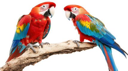 blue and red parrots on a branch, isolated transparent png background