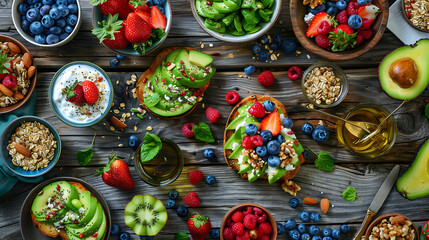 Fototapeta premium healthy food table top view featuring avocado toast, fresh fruits like strawberries and blueberries, bowls of yogurt with granola and nuts, directly above view, all arranged on a rustic wooden table.