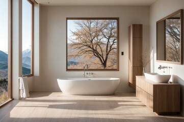 Fototapeta premium Calm Bath Atmosphere Standalone Tub, Tree Art, and Mountain Vistas 