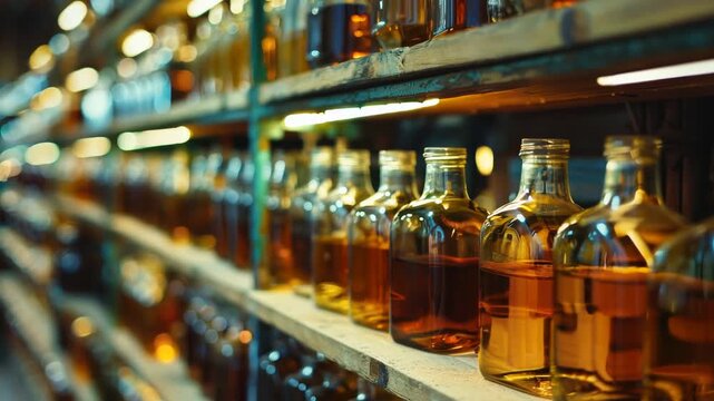 Rows of bottled liquors in a warehouse, including whiskey and other distilled spirits.