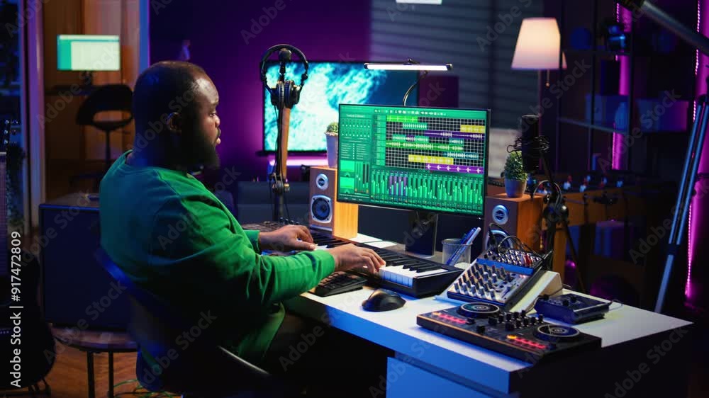 Poster artist playing electronic piano keyboard notes and recording audio files to use mix and master techn