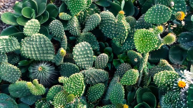 Green cacti in a garden setting with sunlight on their spines.