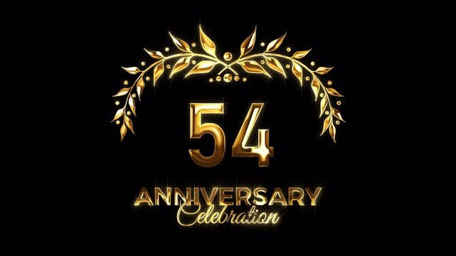 54th Anniversary Celebration. Happy 54 Years Anniversary Animation in Gold Color on the Transparent Background, Alpha Channel. Great for greetings, celebrations, events, and gifts.