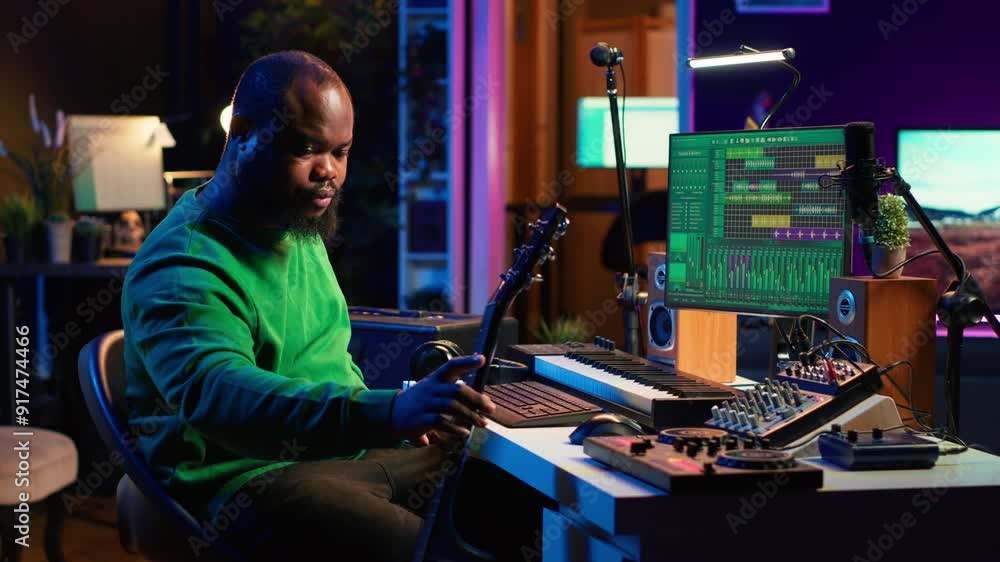 Poster musical producer prepares to record tunes on acoustic instrument, working in personal home studio to