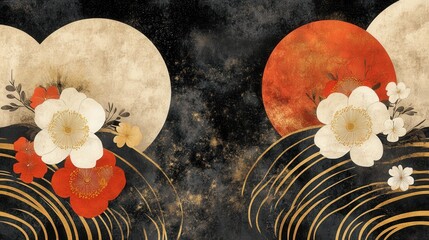 Abstract wallpaper with a visually pleasing arrangement of shapes and colors, influenced by the serene beauty of old Japanese paintings