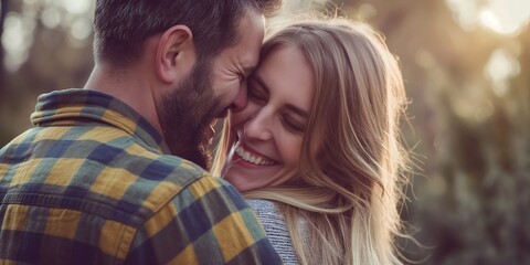 Fototapeta premium Couple sharing an intimate embrace, captured in a natural setting during the golden hour, bathed in a warm sunset glow.