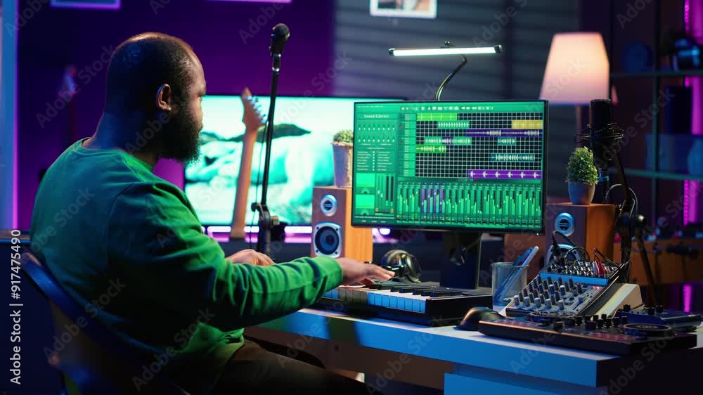 Leinwandbilder Sound engineer pressing keys of electronic synthesizer and composing new song, adjusting volume levels on pre amp knobs. Composer producing music on piano midi controller, mixing tunes. Camera A.