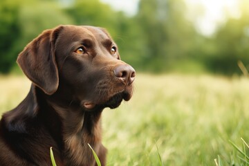 A brown dog looks into the distance while enjoying a sunny day outdoors, surrounded by green grass and open space.