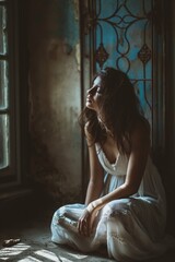 Obraz premium A woman in a white dress sits in an antique, dimly lit room, evoking a sense of nostalgia and solitude.