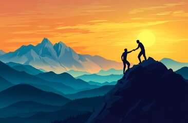 A silhouette of one person helping another reach the top