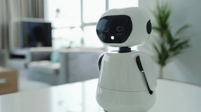 A humanoid robot, likely a home assistant or voice control device, in a modern living room setting.