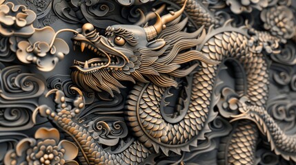 Dragon statue in chinese temple closeup of photo with selective focus