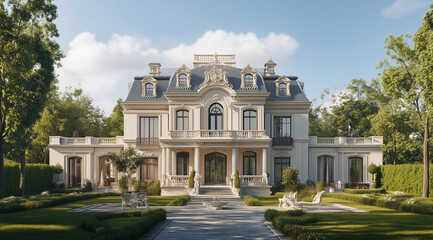 Obraz premium Two-Story Manor with a Pyramid Roof in Plaster Detailing Capturing Classical Elegance