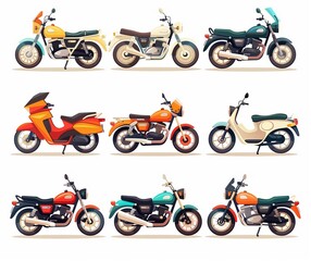 A stylish illustration of various motorcycles and scooters, featuring classic designs and modern elements..