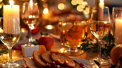 Celebratory holiday feast with elegant glassware, candles, and a variety of foods in a warmly lit atmosphere.