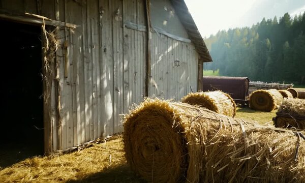 Interior of old barn with hay bales. 4k video 4K hyperrealistic video
