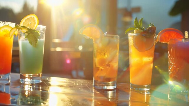 A collection of tropical cocktails displayed on a bar with a   sque sunset in the background, featuring lemonade and other refreshing drinks garnished with fresh fruits.
