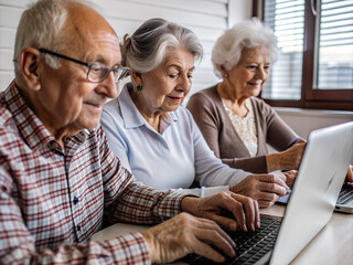 Courses for adults, elderly people learning computer literacy at a laptop, men and women work at a computer, demonstrating curiosity of modern seniors towards technology