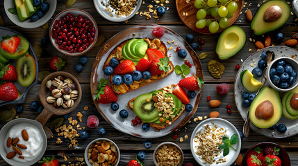 Fototapeta premium healthy food table top view featuring avocado toast, fresh fruits like strawberries and blueberries, bowls of yogurt with granola and nuts, directly above view, all arranged on a rustic wooden table.