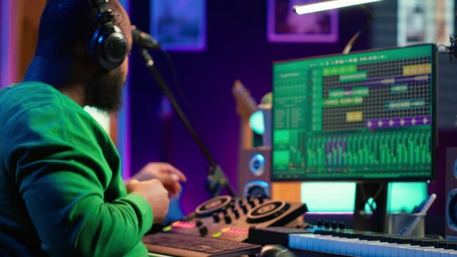 Skilled audio technician editing recorded tracks from an usb stick, using raw files to apply mix and master techniques. Artist producing music, adjusting volume levels on digital software. Camera A.