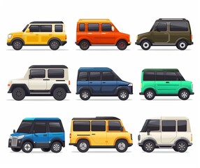 Modern Cartoon SUV Car Illustrations - Colorful Off-Road Vehicles Collection