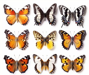 Beautiful Illustration of Various Butterfly Species in Bright Colors with Detailed Wing Patterns for Nature, Education, and Art Use