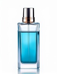 Aqua Blue Bottle of Perfume Spray. Women's Men's Eau De Parfum in Beautiful Glass Bottle Isolated on White. Modern Luxury Parfum De Toilette. Fragrance for Women and Men