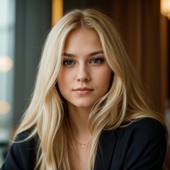 Expressive female with long blonde hair confidently peers into camera